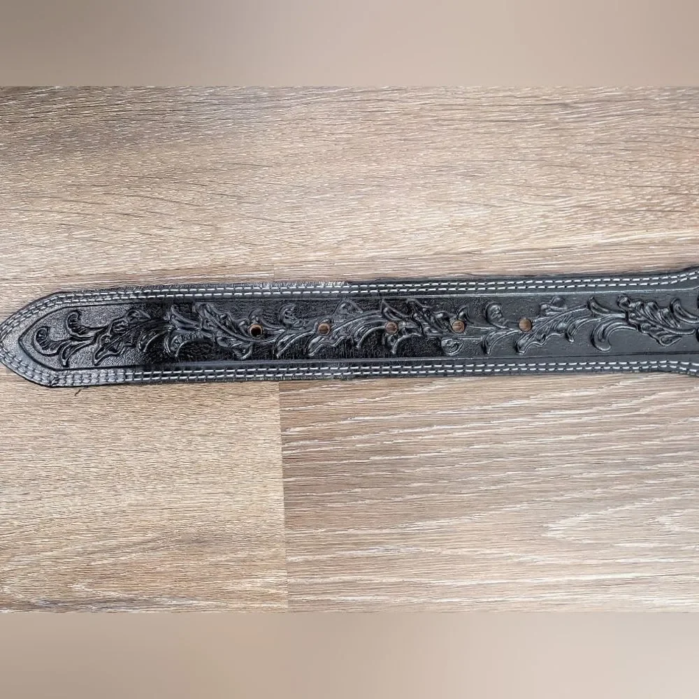Justin 5 Star Ranch Concho Black Tooled Leather Belt Sz 34